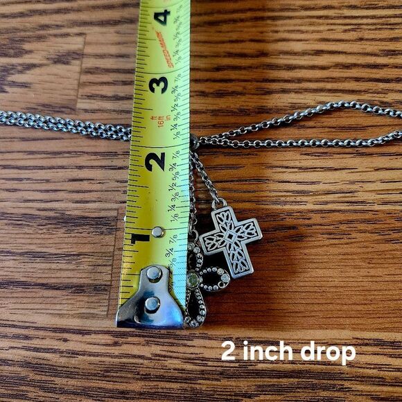 BRIGHTON "Faithful" Triple Cross Silver And Crystal Y Drop Vintage Necklace - Picture 12 of 14